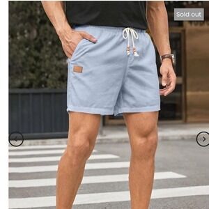 JMIERR Mens Casual Cotton Linen Shorts Elastic Waist Drawstring Blue Size 38 NEW